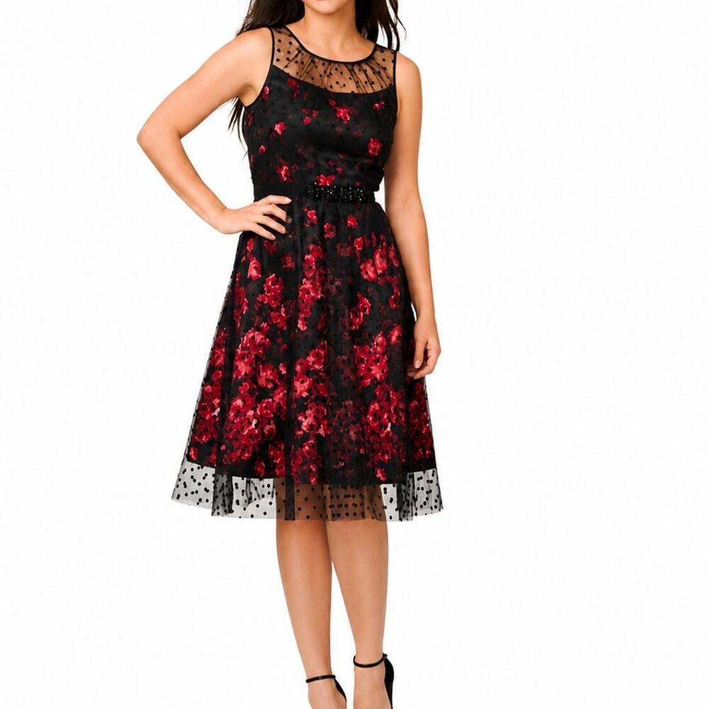 Luxe Carmen Marc Valvo Womens 10 Floral Mesh Midi Dress Polka Dot Black Red